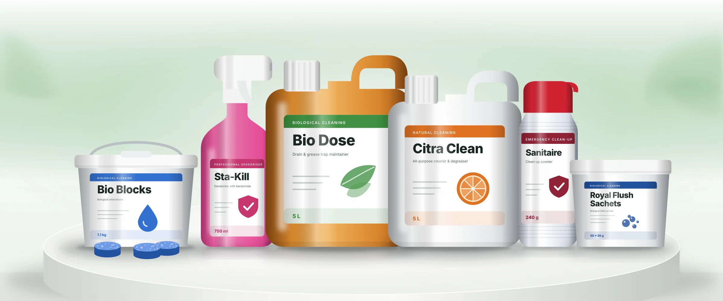 The biological product range on a studio podium: urinal blocks, Sta-Kill, Bio Dose, Citra Clean, Clean Up Powder and Royal Flush Sachets